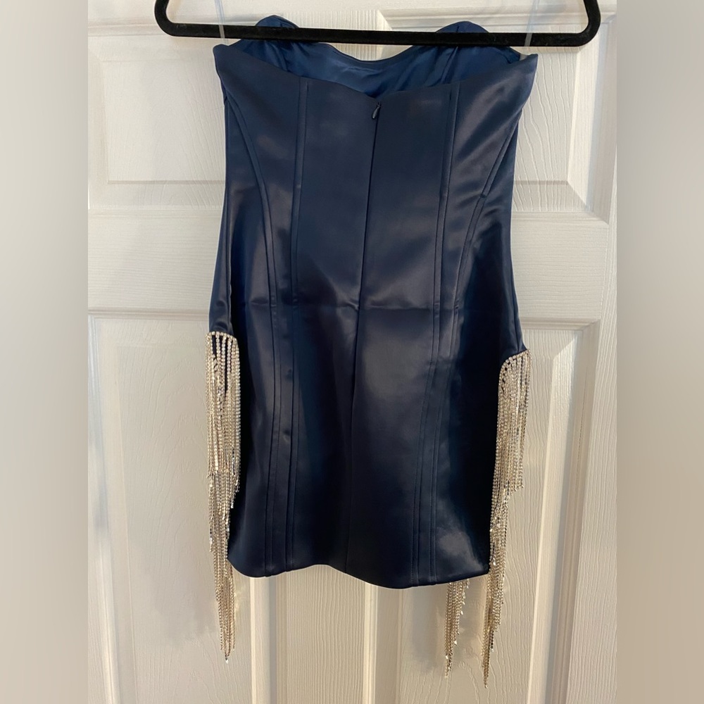 Oh Polly Satin Strapless Blue Dress with Rhinestones US4 UK8 - Picture 4 of 7